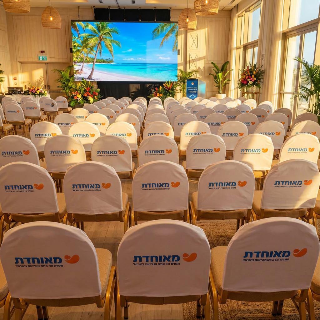 כיסוי משענת כיסא מעוגל ממותג עבור כנסים ואירועים