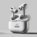 Wireless earbuds with charging case featuring Teads logo on a gray background
