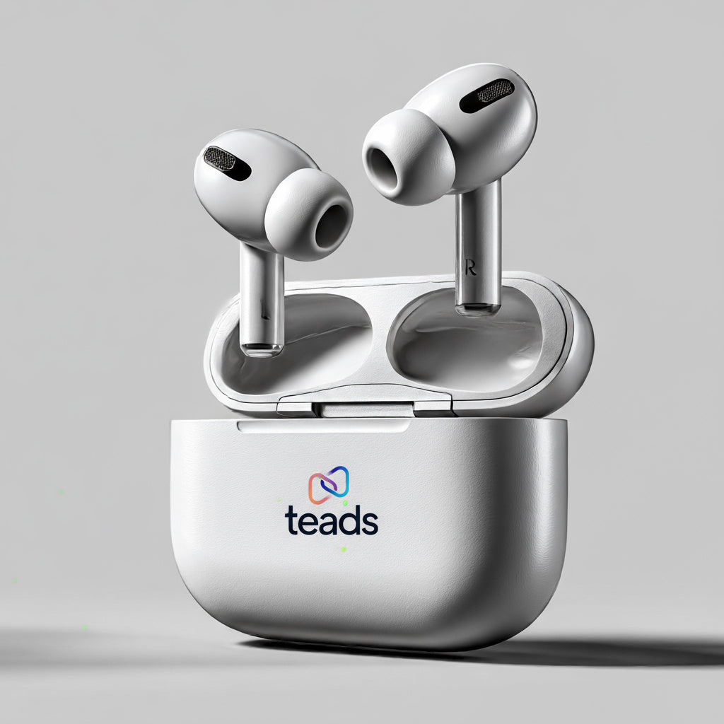 Wireless earbuds with charging case featuring Teads logo on a gray background