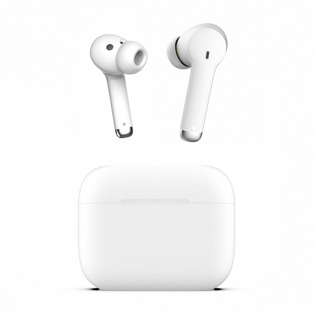 White wireless earbuds with charging case on a white background