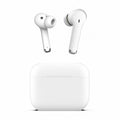 White wireless earbuds with charging case on a white background