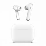 White wireless earbuds with charging case on a white background