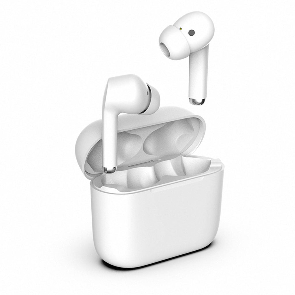 White wireless earbuds with charging case on a white background